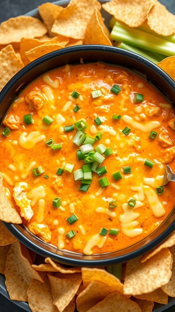 Spicy Baked Buffalo Chicken Dip Recipe Baked buffalo chicken dip in a dish with melted cheese, served with tortilla chips and celery sticks.